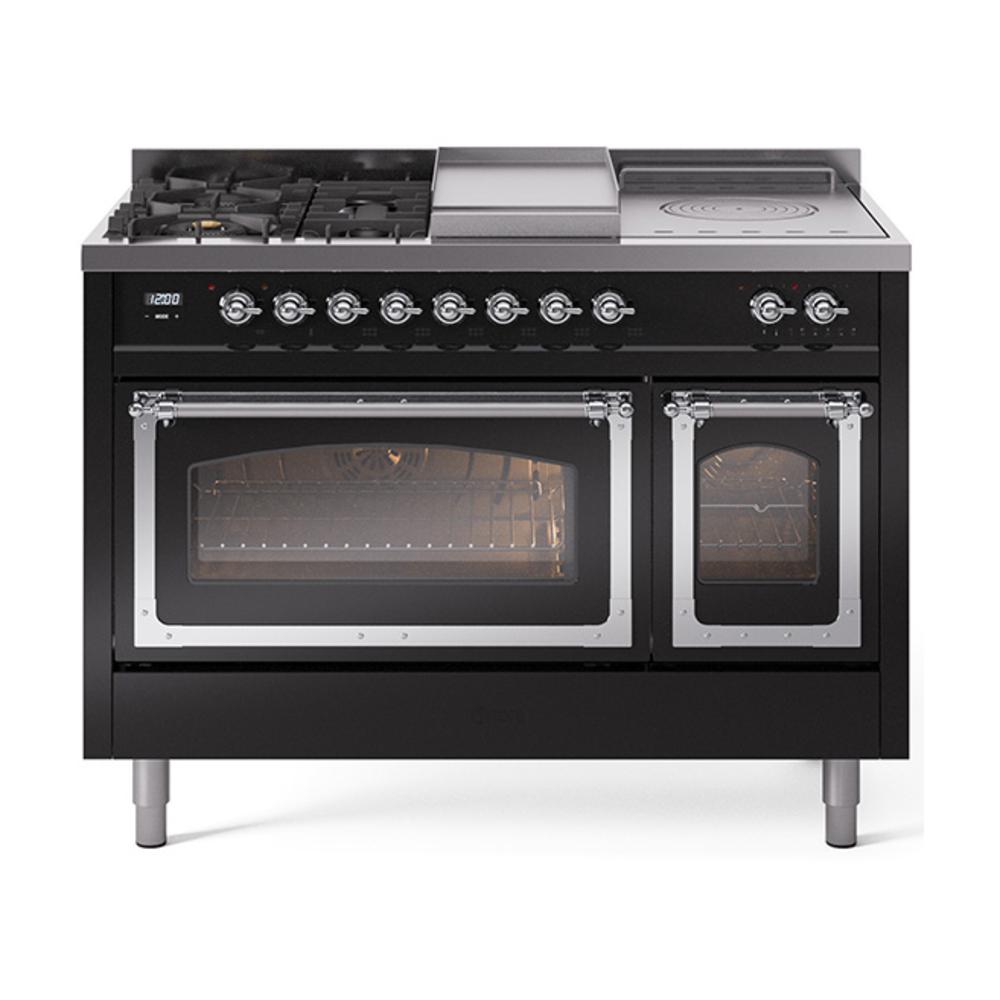 ILVE UN48FSNMPBKC Nostalgie II Noblesse 48 inch Dual Fuel Range (5 Sealed Burners + Griddle + French Top, Natural Gas, Triple Glass Door, Glossy Black, Chrome)