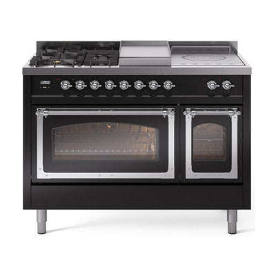 ILVE UN48FSNMPBKC Nostalgie II Noblesse 48 inch Dual Fuel Range (5 Sealed Burners + Griddle + French Top, Natural Gas, Triple Glass Door, Glossy Black, Chrome)