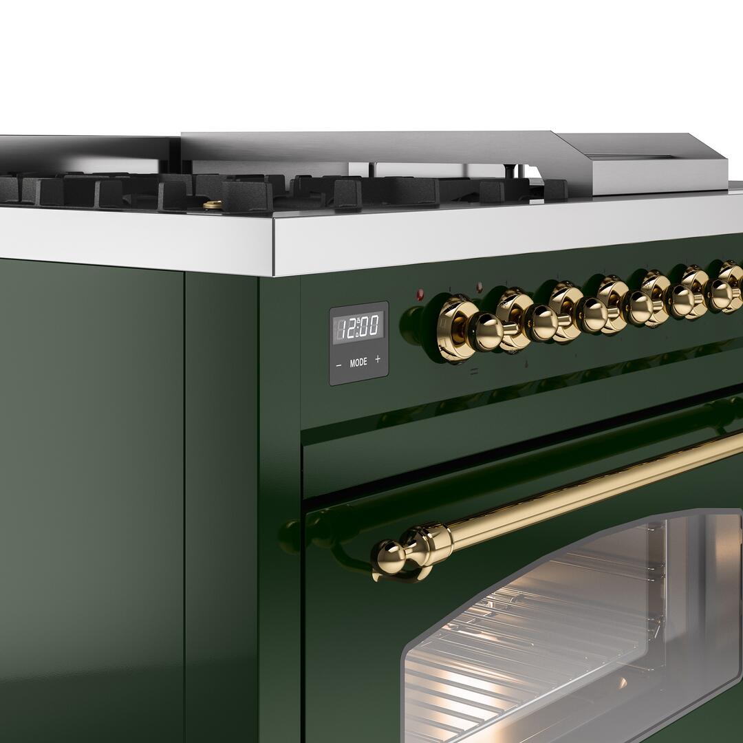 Nostalgie II 48 Inch Dual Fuel Natural Gas Freestanding Range in Emerald Green with Brass Trim
