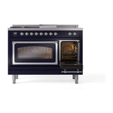 ILVE UN48FSNMPMBCLP Nostalgie II Noblesse 48 inch Dual Fuel Range (5 Sealed Burners + Griddle + French Top, Liquid Propane, Triple Glass Door, Midnight Blue, Chrome)