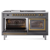 ILVE UN60FSNMPMGG Nostalgie II Noblesse 60 inch Dual Fuel Range (7 Sealed Burners + Griddle + French Top, Natural Gas, Triple Glass Door, Graphite Matte, Brass)