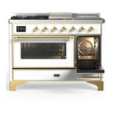 ILVE UM48FSNR3WHG Majestic III 48 inch Dual Fuel Range with 5 Black Brass Burners, Griddle and French Top, Dual Function Burner up to 25,000 BTU (Natural Gas, Triple Glass Door, White, Brass)