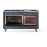 ILVE UN60FNMPBGPLP Nostalgie II Noblesse 60 inch Dual Fuel Range (9 Sealed Burners + Griddle, Liquid Propane, Triple Glass Door, Blue Grey, Copper)