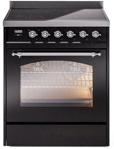 Nostalgie II 30 Inch Electric Freestanding Range in Glossy Black with Chrome Trim