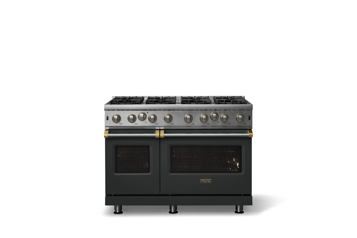 48"W. Open Burner Gas Range (Finish: Antique Bronze, Trim: Brushed Brass, Fuel: Natural Gas)