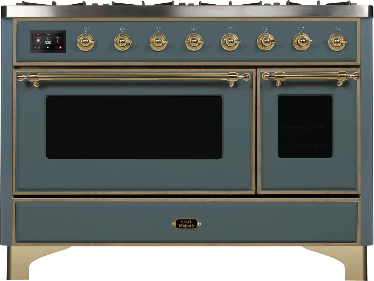 Majestic II 48 Inch Dual Fuel Natural Gas Freestanding Range in Blue Grey with Brass Trim