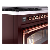ILVE UN48FNMPBUP Nostalgie II Noblesse 48 inch Dual Fuel Range (8 Sealed Burners + Griddle, Natural Gas, Triple Glass Door, Burgundy, Copper)