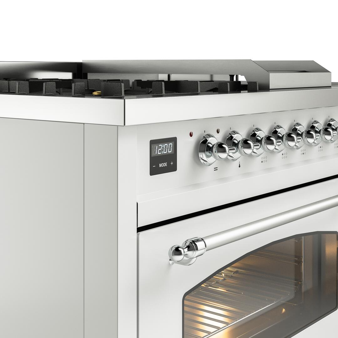 Nostalgie II 48 Inch Dual Fuel Natural Gas Freestanding Range in White with Chrome Trim