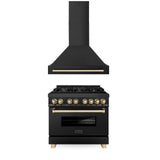 ZLINE 36" Autograph Edition Kitchen Package with Black Stainless Steel Dual Fuel Range and Range Hood with Polished Gold Accents (2AKP-RABRH36-G)