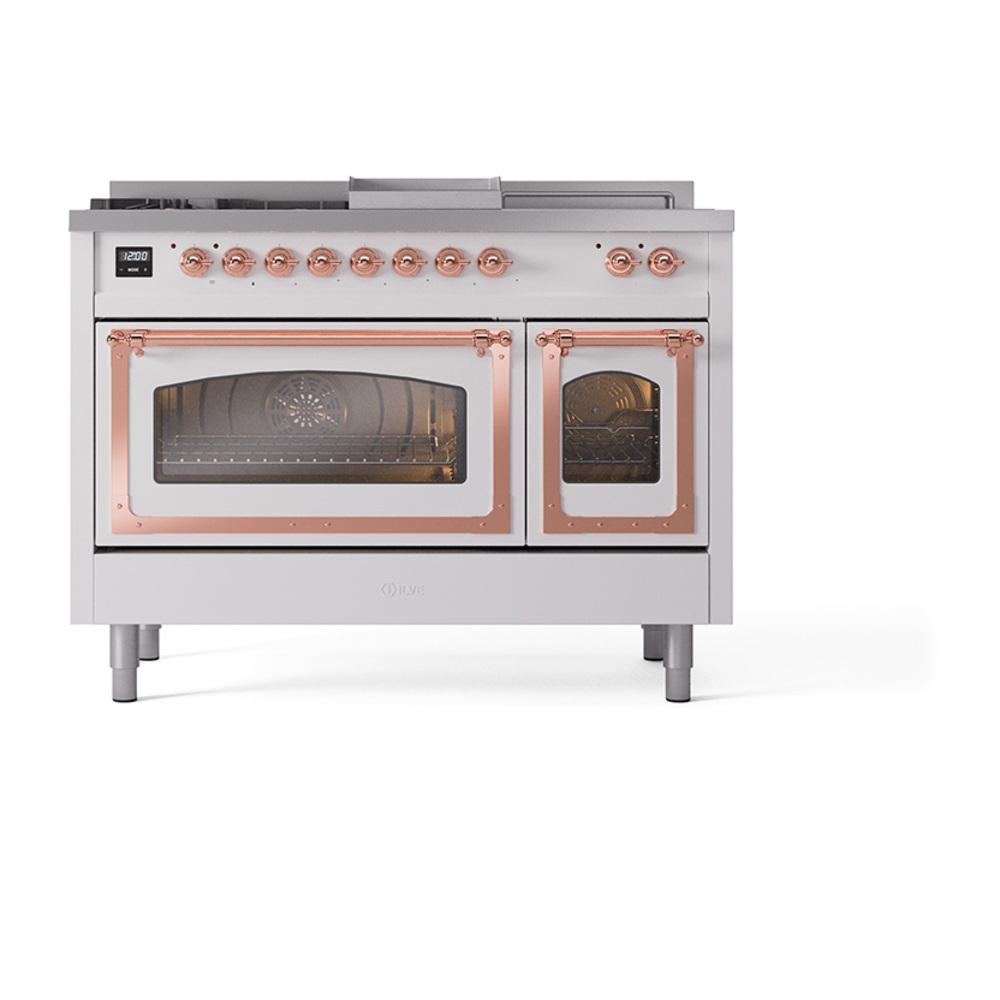 ILVE UN48FSNMPRAPLP Nostalgie II Noblesse 48 inch Dual Fuel Range (5 Sealed Burners + Griddle + French Top, Liquid Propane, Triple Glass Door, RAL, Copper)