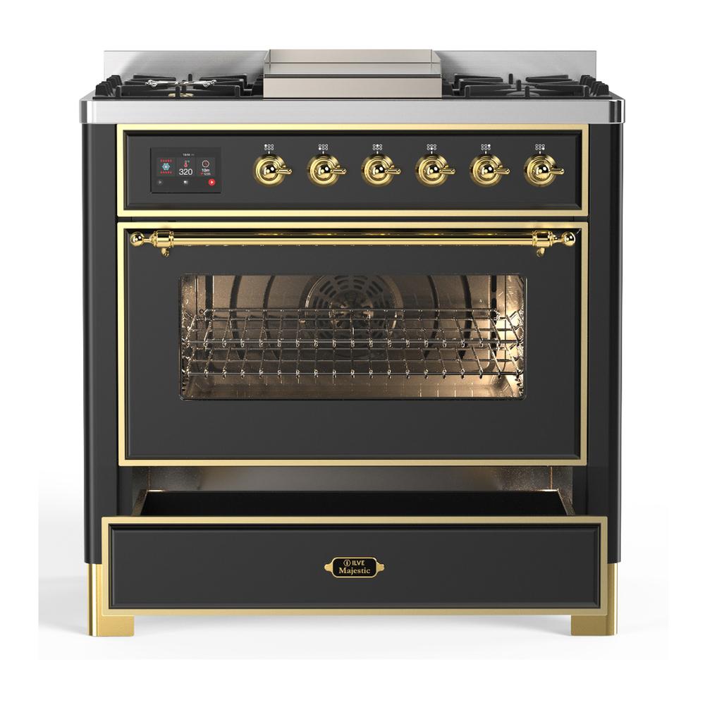 ILVE UM36FNR3MGG Majestic III 36 inch Dual Fuel Range with 6 Black Brass Burners and Griddle, Dual Function Burner up to 25,000 BTU (Triple Glass Door, Graphite Matte, Brass, Natural Gas)