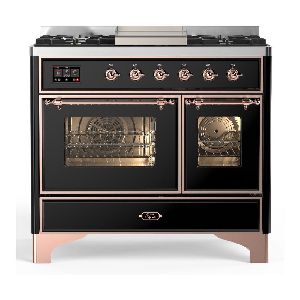 ILVE UMD40FNR3BKPLP Majestic III 40 inch Dual Fuel Range with 6 Burners and Griddle, Dual Function Burner up to 25,000 BTU (Liquid Propane, Triple Glass Door, Glossy Black, Copper)