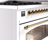Nostalgie II 48 Inch Dual Fuel Natural Gas Freestanding Range in White with Brass Trim