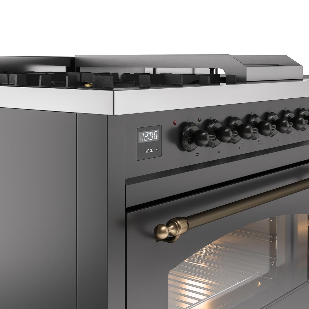Nostalgie II 48 Inch Dual Fuel Natural Gas Freestanding Range in Matte Graphite with Bronze Trim