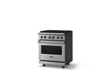 30"W. Dual Fuel Range (Finish: Stainless Steel, Trim: Brushed Brass, Fuel: Natural Gas)
