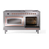 ILVE UN60FNMPSSP Nostalgie II Noblesse 60 inch Dual Fuel Range (9 Sealed Burners + Griddle, Natural Gas, Triple Glass Door, Stainless Steel, Copper)