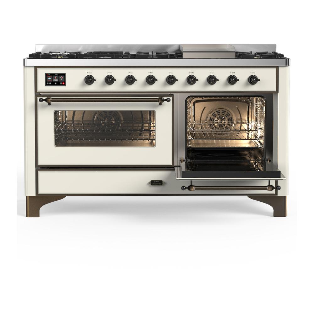 ILVE UM60FNR3AWBLP Majestic III 60 inch Dual Fuel Range with 9 Burners and Griddle, Dual Function Burner up to 25,000 BTU (Liquid Propane, Triple Glass Door, Antique White, Burnished)