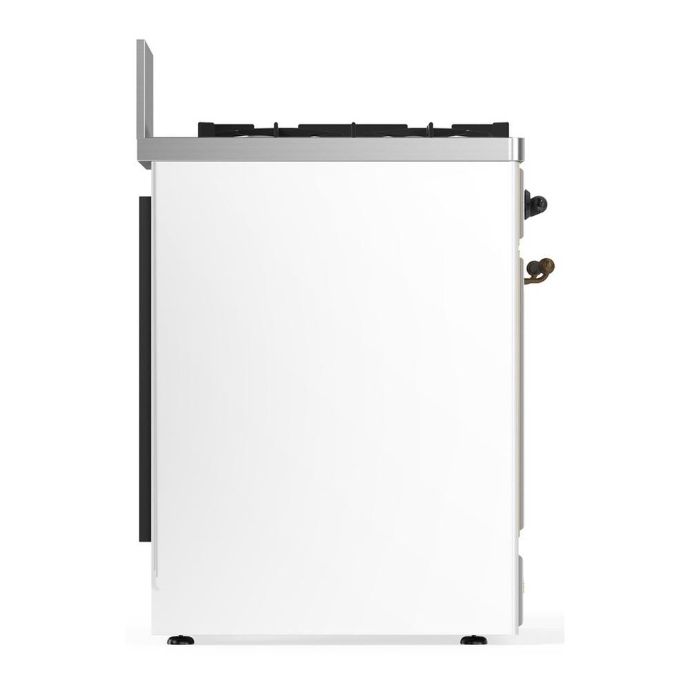 ILVE UM30NR3WHBLP Majestic III 30 inch Dual Fuel Range with 5 Black Brass Burners, Dual Function Burner up to 25,000 BTU (Liquid Propane, Triple Glass Door, White, Burnished)