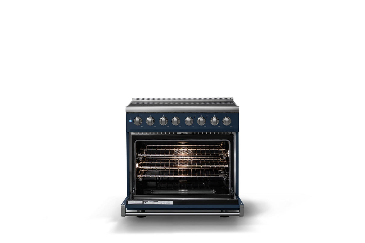 36"W. Induction Range (Finish: Slate Blue, Trim: Polished Chrome)