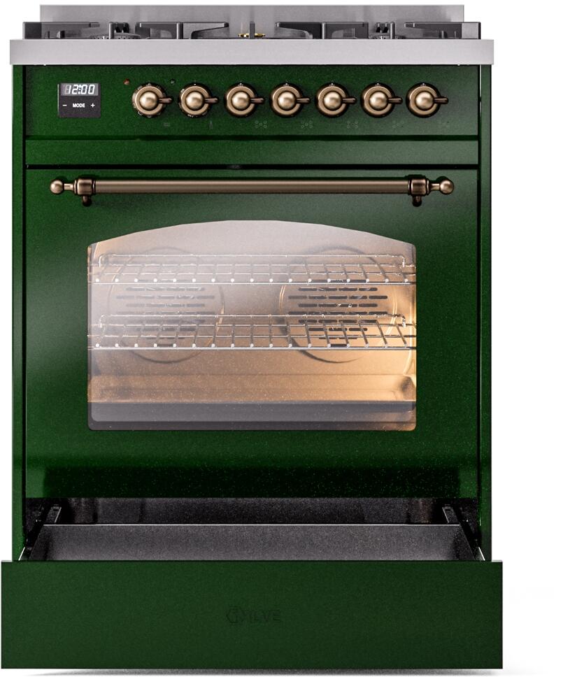 Nostalgie II 30 Inch Dual Fuel Liquid Propane Freestanding Range in Emerald Green with Bronze Trim