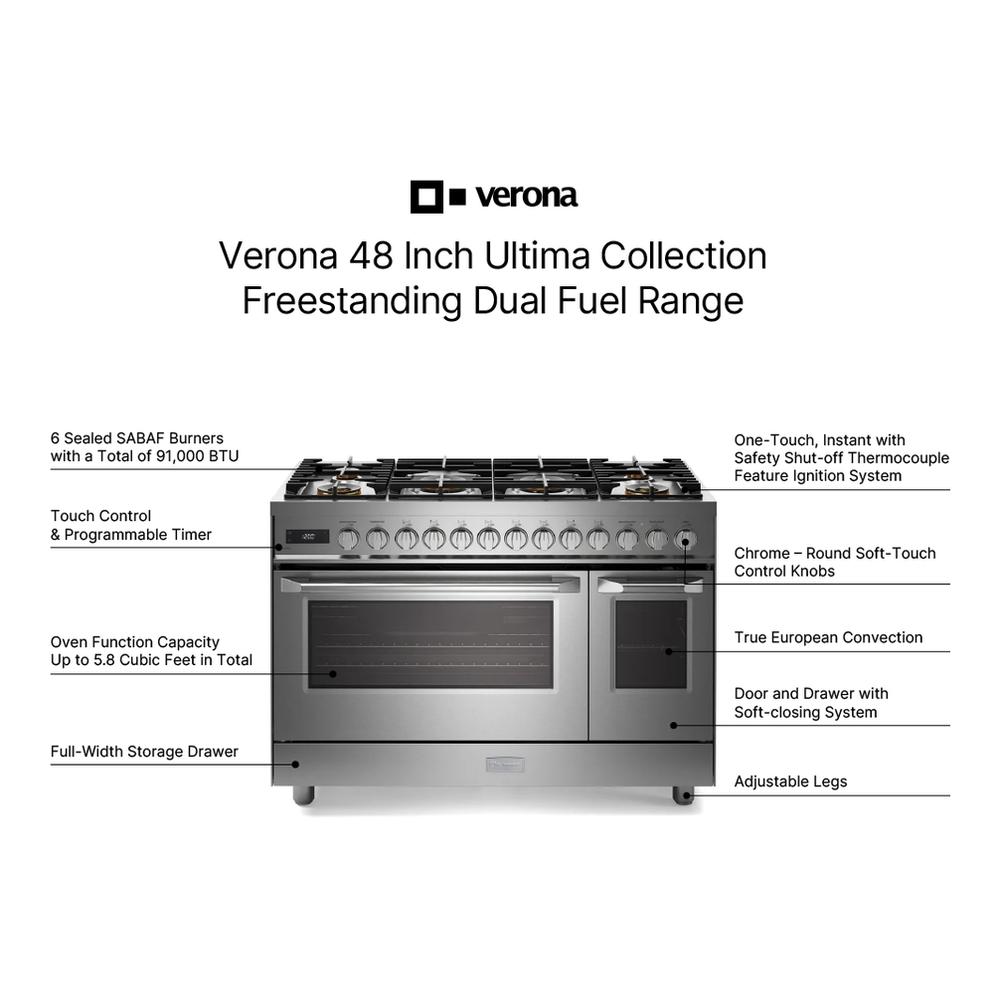Verona VUFSGE486DSS 48 inch Ultima Collection Dual Fuel Range with 6 Brass Sealed Burners, 5.8 cu. ft. Oven Capacity, Digital Clock in Stainless Steel