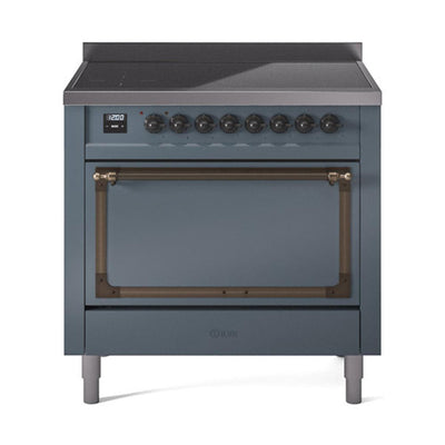 ILVE UNI366QNMPBGB Nostalgie II Noblesse 36 inch Induction Range (Solid Door, Blue Grey, Burnished)