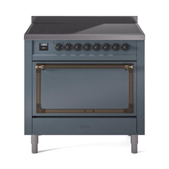 ILVE UNI366QNMPBGB Nostalgie II Noblesse 36 inch Induction Range (Solid Door, Blue Grey, Burnished)