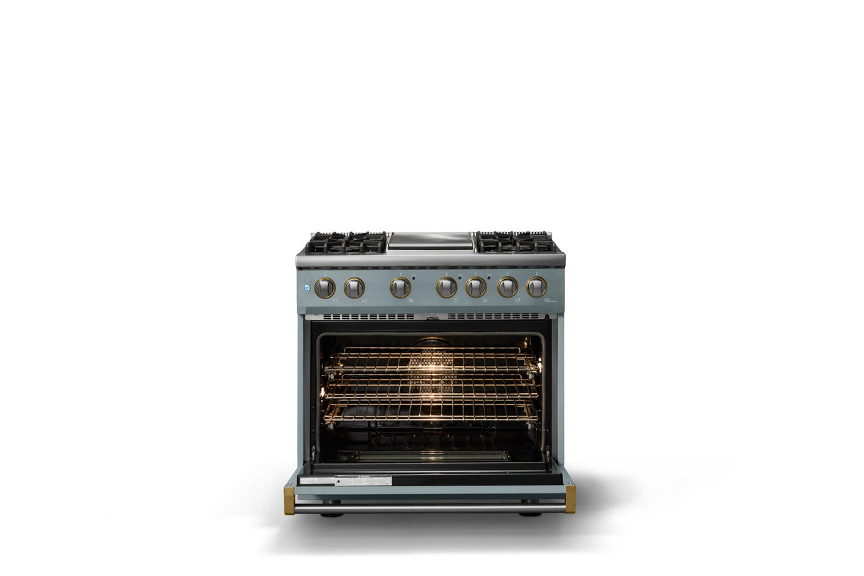 36"W. Dual Fuel Range (Burner: 4g, Finish: November Sky, Trim: Brushed Brass, Fuel: Propane)