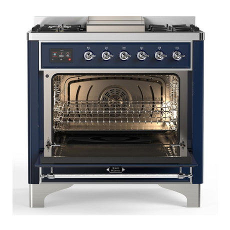 ILVE UM36FNR3MBC Majestic III 36 inch Dual Fuel Range with 6 Black Brass Burners and Griddle, Dual Function Burner up to 25,000 BTU (Triple Glass Door, Midnight Blue, Chrome, Natural Gas)