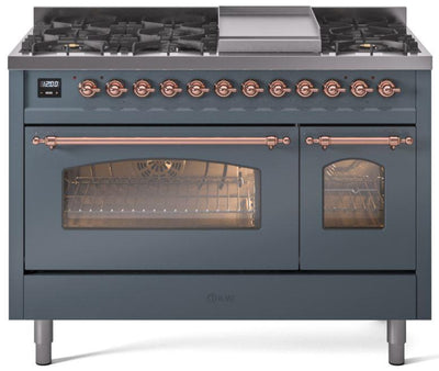 Nostalgie II 48 Inch Dual Fuel Natural Gas Freestanding Range in Blue Grey with Copper Trim
