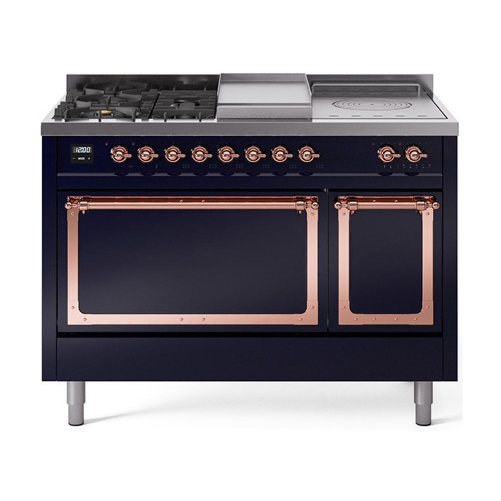 ILVE UN48FSQNMPMBPLP Nostalgie II Noblesse 48 inch Dual Fuel Range (5 Sealed Burners + Griddle + French Top, Liquid Propane, Solid Door, Midnight Blue, Copper)