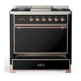ILVE UM36FQNR3BKPLP Majestic III 36 inch Dual Fuel Range with 6 Black Brass Burners and Griddle, Dual Function Burner up to 25,000 BTU (Solid Door, Glossy Black, Copper, Liquid Propane)