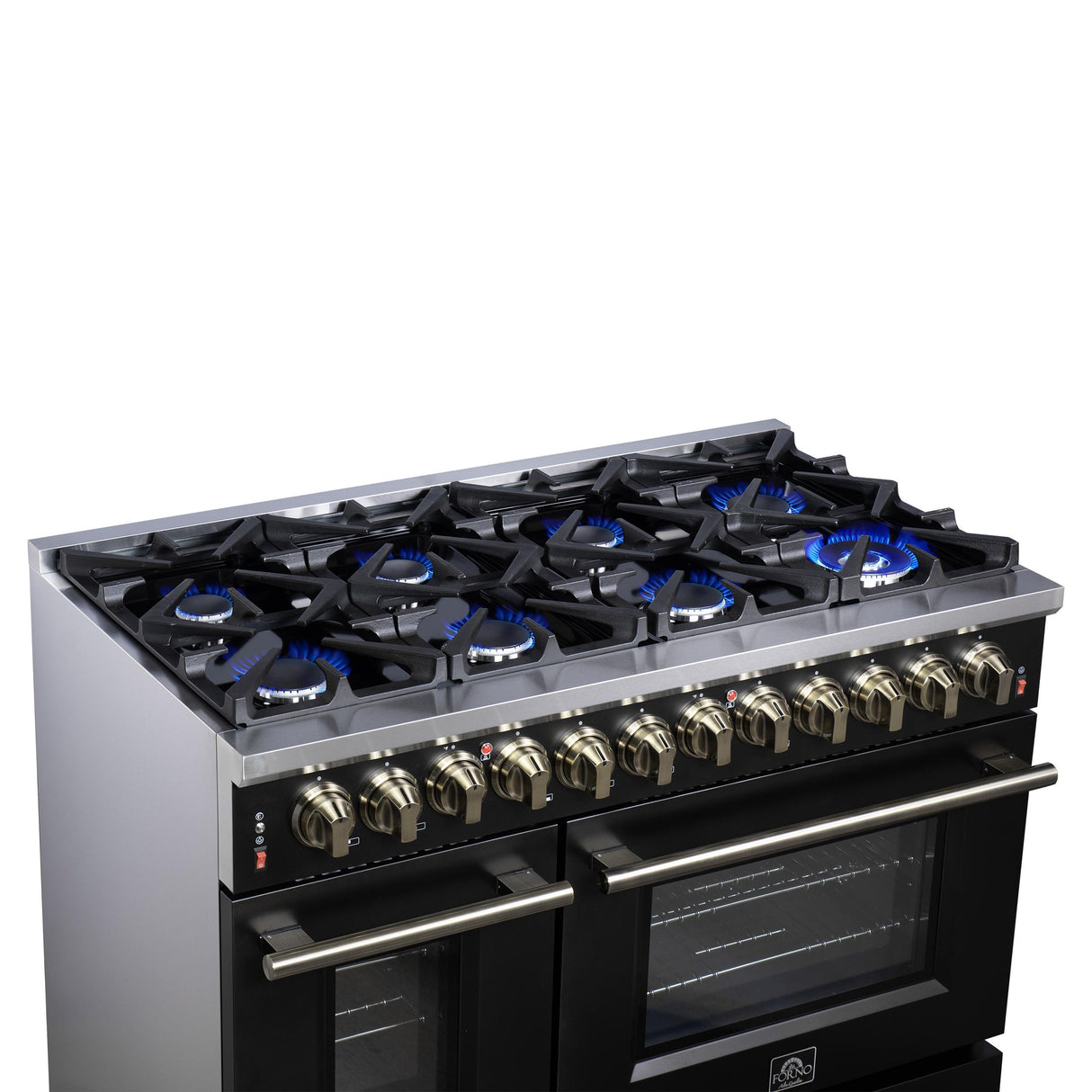 Forno Massimo 48 Inch Freestanding Dual Fuel Range in Black with Antique Brass Accessories, 8 Burners, 6.58 cu. ft. Convection Oven