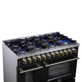 Forno Massimo 48 Inch Freestanding Dual Fuel Range in Black with Antique Brass Accessories, 8 Burners, 6.58 cu. ft. Convection Oven