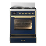 ILVE UM30NR3MBGLP Majestic III 30 inch Dual Fuel Range with 5 Black Brass Burners, Dual Function Burner up to 25,000 BTU (Liquid Propane, Triple Glass Door, Midnight Blue, Brass)