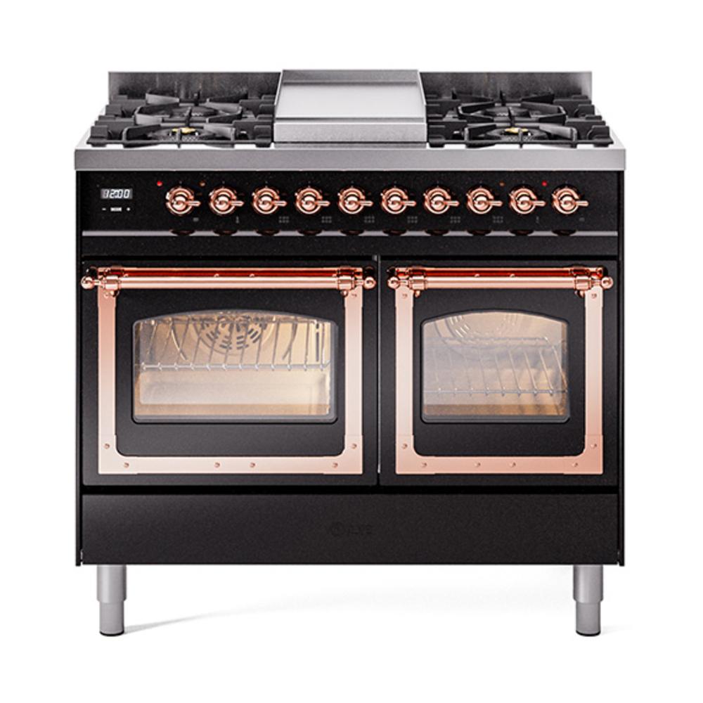 ILVE UND40FNMPBKPLP Nostalgie II Noblesse 40 inch Dual Fuel Range (Liquid Propane, Triple Glass Door, Glossy Black, Copper)