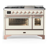 ILVE UM48FNR3AWPLP Majestic III 48 inch Dual Fuel Range with 8 Burners and Griddle, Dual Function Burner up to 25,000 BTU (Liquid Propane, Triple Glass Door, Antique White, Copper)