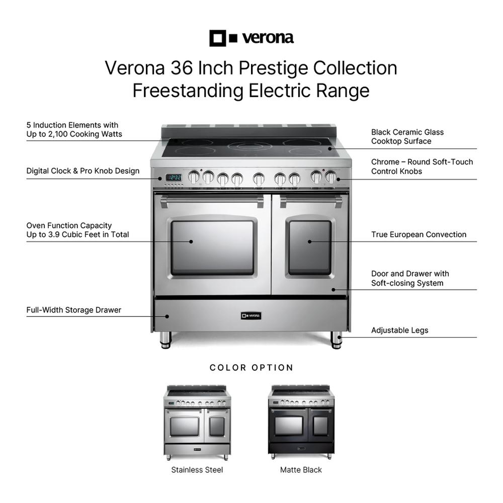 Verona VPFSEE365DSS 36 inch Prestige Series Freestanding Double Oven Electric Range with 5 Elements, 3.5 cu. ft. Total Oven Capacity, European Convection (Stainless Steel)