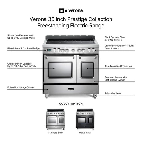 Verona VPFSEE365DSS 36 inch Prestige Series Freestanding Double Oven Electric Range with 5 Elements, 3.5 cu. ft. Total Oven Capacity, European Convection (Stainless Steel)