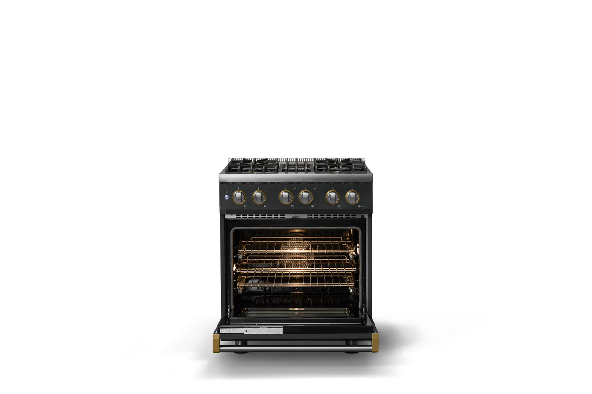 30"W. Dual Fuel Range (Finish: Antique Bronze, Trim: Polished Chrome, Fuel: Propane)