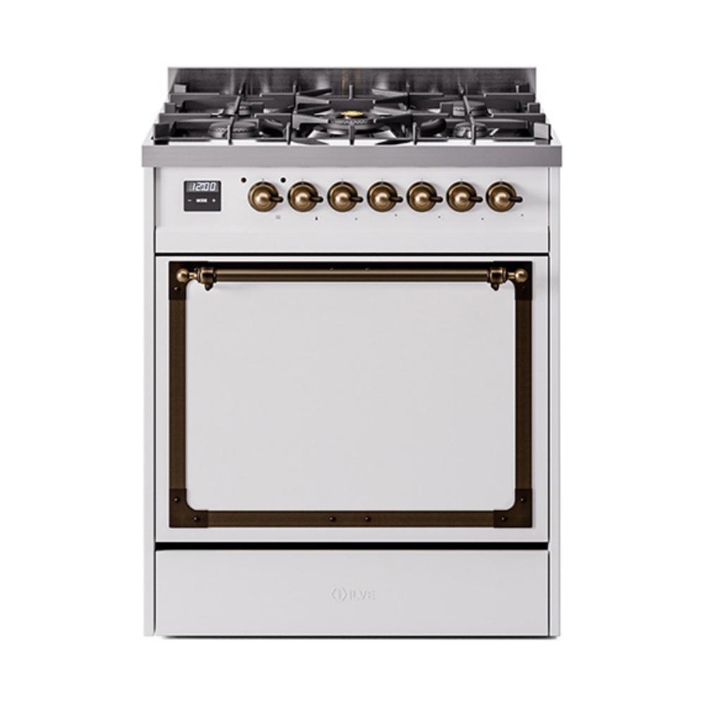 ILVE UN30QNMPWHBLP Nostalgie II Noblesse 30 inch Dual Fuel Range (Liquid Propane, Solid Door, White, Burnished)