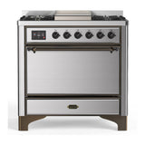 ILVE UM36FQNR3SSB Majestic III 36 inch Dual Fuel Range with 6 Black Brass Burners and Griddle, Dual Function Burner up to 25,000 BTU (Solid Door, Stainless Steel, Burnished, Natural Gas)