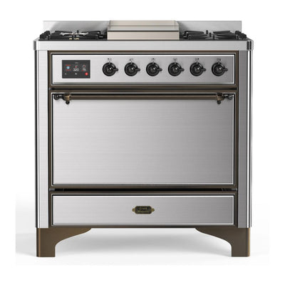 ILVE UM36FQNR3SSB Majestic III 36 inch Dual Fuel Range with 6 Black Brass Burners and Griddle, Dual Function Burner up to 25,000 BTU (Solid Door, Stainless Steel, Burnished, Natural Gas)