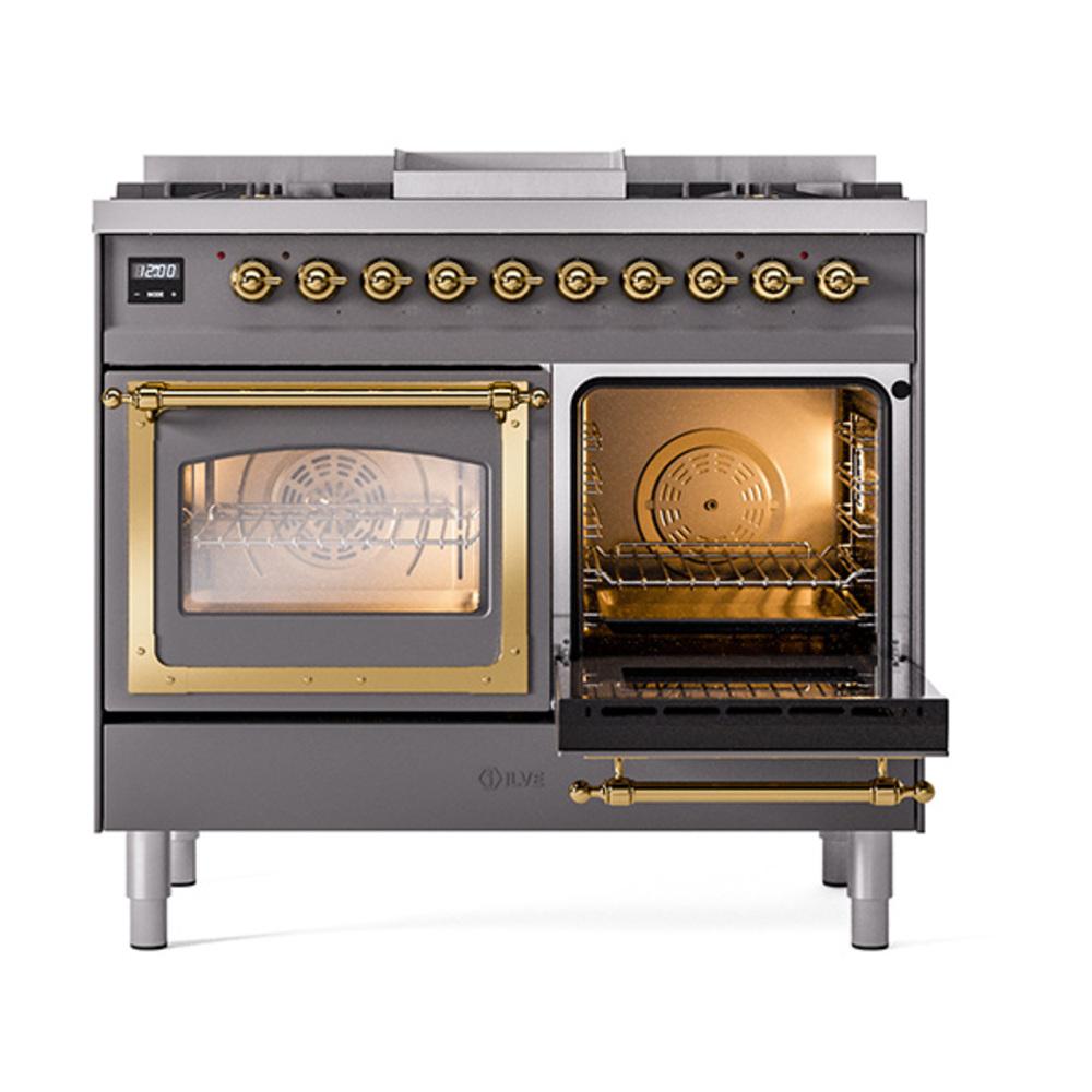 ILVE UND40FNMPMGG Nostalgie II Noblesse 40 inch Dual Fuel Range (Natural Gas, Triple Glass Door, Graphite Matte, Brass)