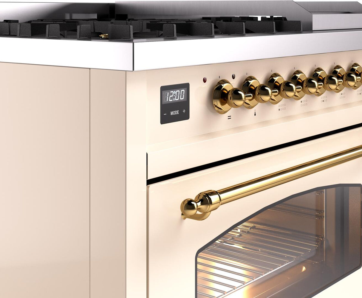 Nostalgie II 48 Inch Dual Fuel Natural Gas Freestanding Range in Antique White with Brass Trim