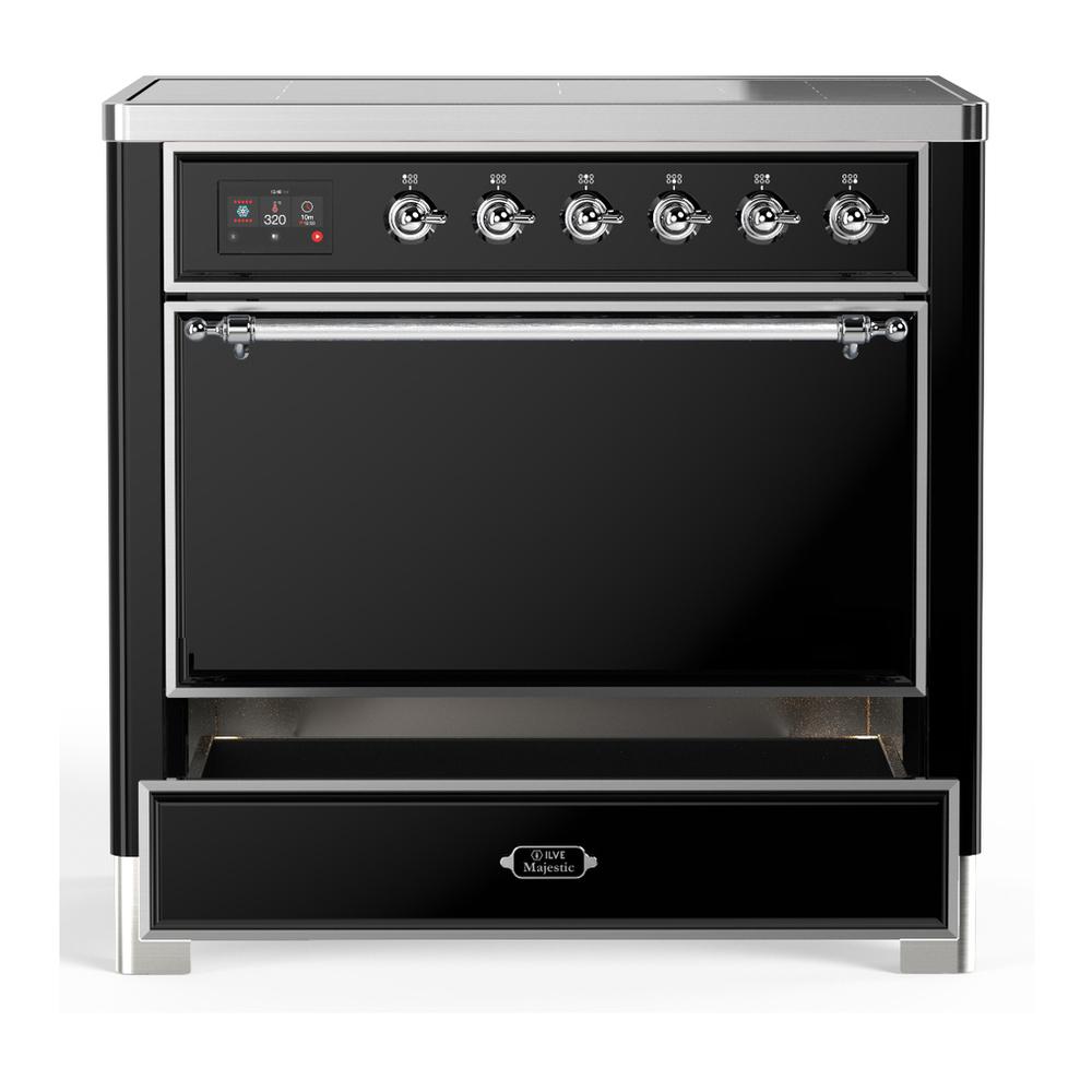 ILVE UMIB36QNR3BKC Majestic III 36 inch Induction Range with 6 Elements, 3.5 cu. ft. Total Oven Capacity (Solid Door, Glossy Black, Chrome)