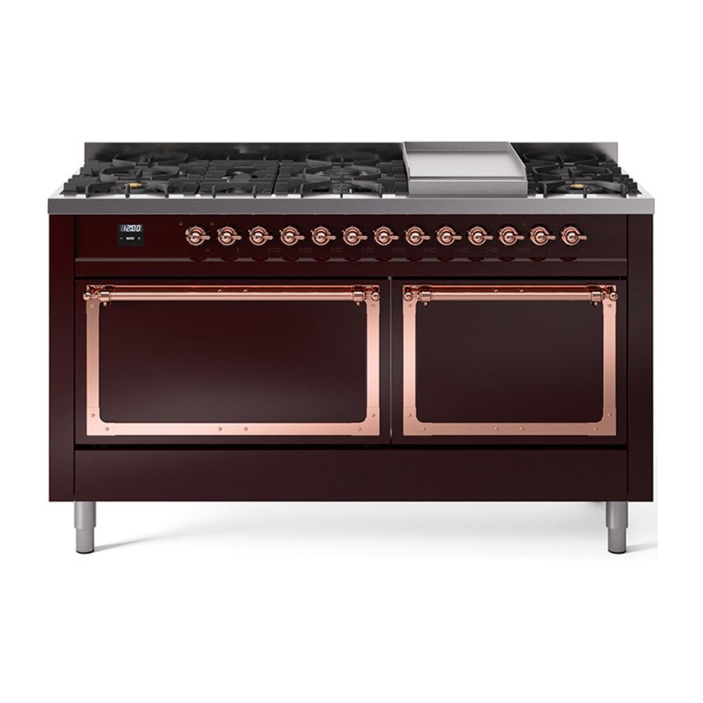 ILVE UN60FQNMPBUPLP Nostalgie II Noblesse 60 inch Dual Fuel Range (9 Sealed Burners + Griddle, Liquid Propane, Solid Door, Burgundy, Copper)