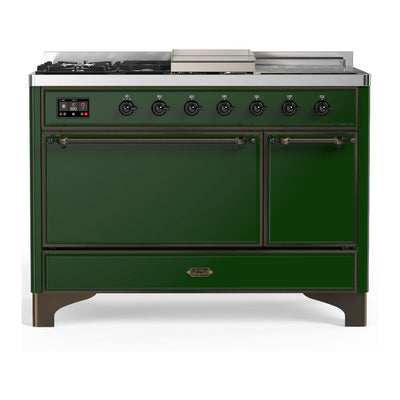 ILVE UM48FSQNR3EGBLP Majestic III 48 inch Dual Fuel Range with 5 Black Brass Burners, Griddle and French Top, Dual Function Burner up to 25,000 BTU (Liquid Propane, Solid Door, Emerald Green, Burnished)