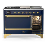 ILVE UM48FSQNR3MBG Majestic III 48 inch Dual Fuel Range with 5 Black Brass Burners, Griddle and French Top, Dual Function Burner up to 25,000 BTU (Natural Gas, Solid Door, Midnight Blue, Brass)