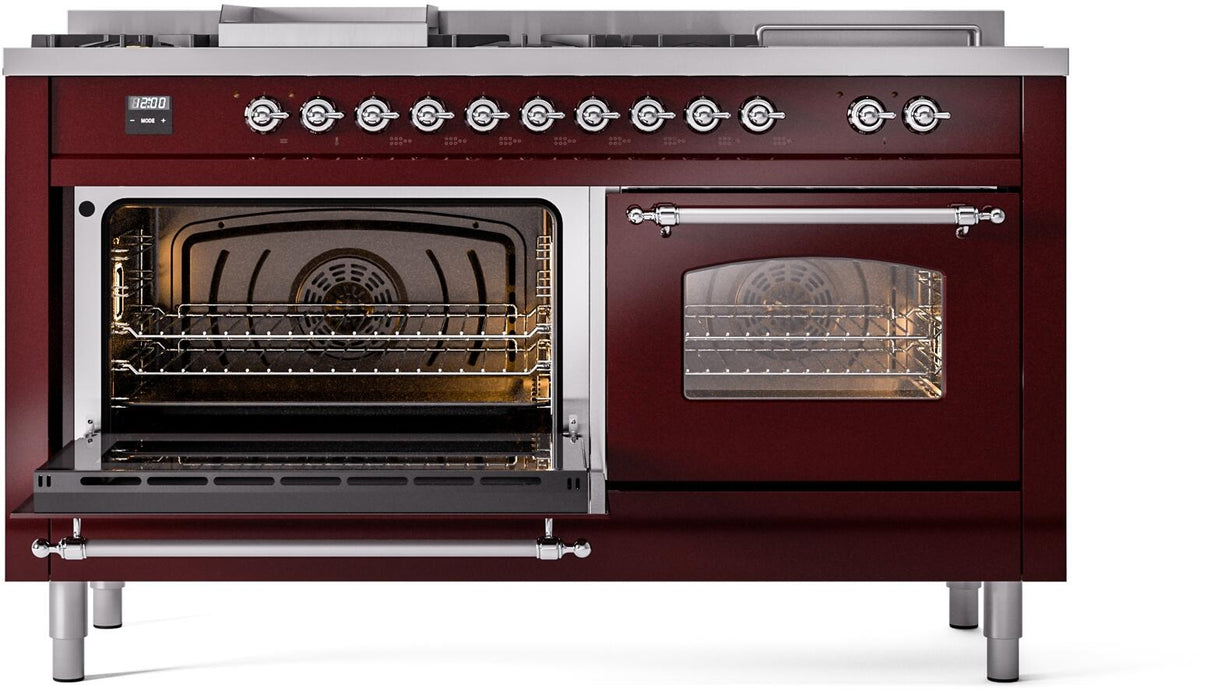 Nostalgie II 60 Inch Dual Fuel Liquid Propane Freestanding Range in Burgundy with Chrome Trim
